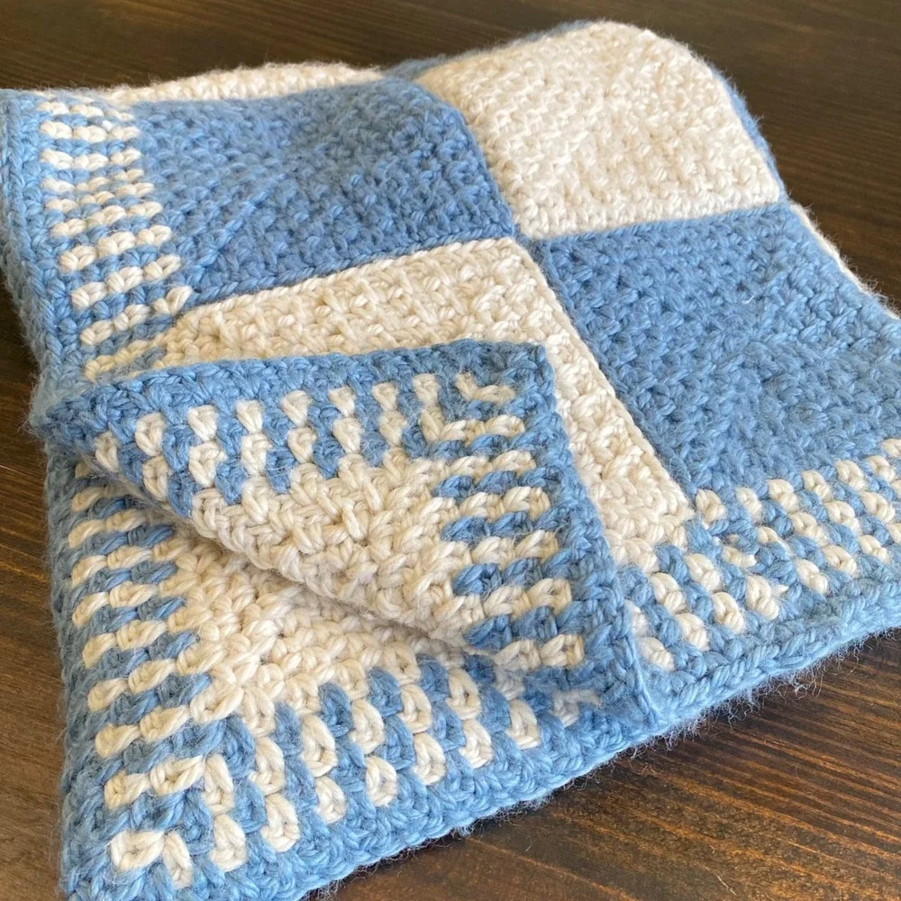 Vintage Handmade‎ Crochet Baby Blanket Blue Cream Checkered Super Soft 40x32